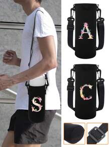 1pc Pink Floral & Letter Print Insulated Water Bottle Sleeve, Fits 550ml/750ml/1000ml/1500ml Bottles, Made Of Waterproof Nylon With Adjustable Strap, Suitable For Hiking, Camping, Sports - Black - View 5