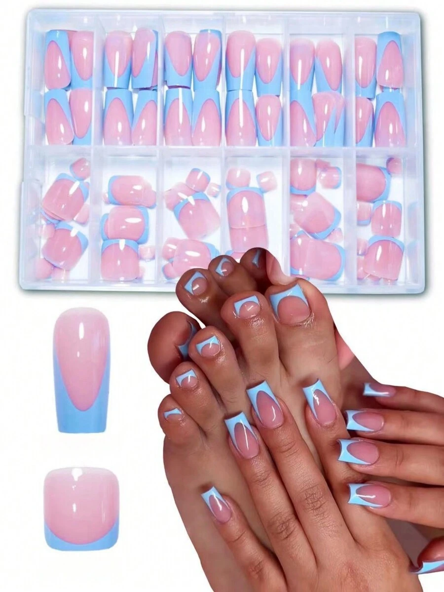 288 件方形按压式指甲，带蓝色边缘，法式设计假指甲，适合专业美甲沙龙、家庭 DIY 派对、庆祝活动和日常佩戴。舒适、易于使用、持久光泽。包括凝胶和指甲锉。 - 藍白色 - 查看 1