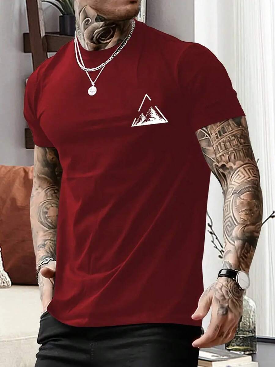 Men's Shirt 100% Cotton Round Neck Shirt New Arrival With Mountains In Triangle Print - Màu Đỏ Sâu - Xem 1