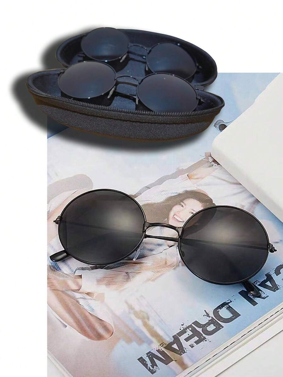 1pc Men's Black Vintage Round Fashion Glasses, Trendy Shanghai Beach