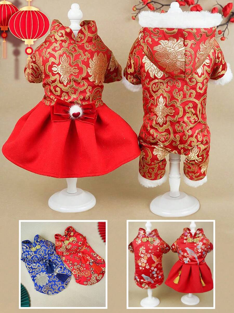 Premium Pet Chinese Style Qipao Dress, Warm Outfit For New Year, Canary