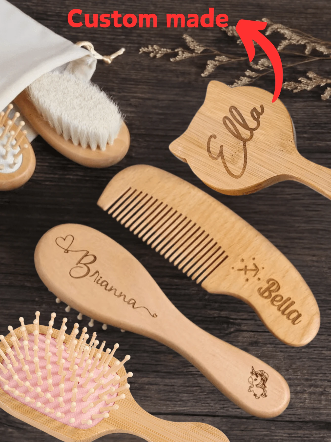 Custom Carved Personalized Baby Brush Baby Gift Set Made Of Natural