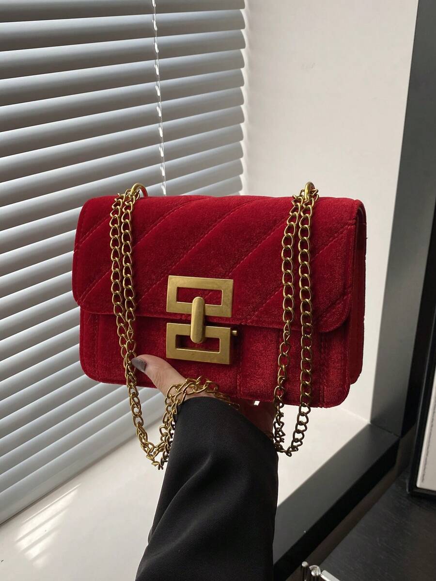 复古纹理天鹅绒方形单肩包，纯色优雅链条包，女士经典手提包钱包