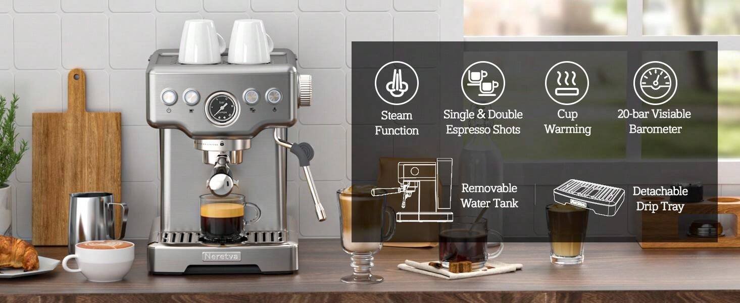 Neretva Neretva Espresso Machine 15 Bar, 2 In 1 Professional Coffee And