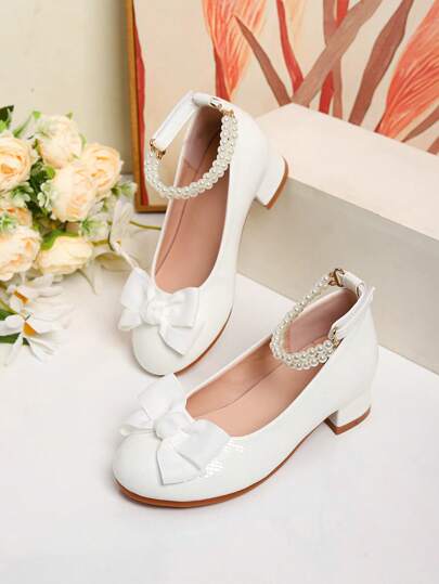 1 Pair Girl Pearl Decor Heels, Suitable For Party, Wedding, Dance, Performance, Student Outdoor Leather High Heels, Autumn/Winter