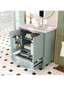 30" Bathroom Vanity ,With Sink Combo, Multi-Functional Bathroom Cabinet ,With Doors And Drawer, Solid Frame And MDF Board,Smooth Ceramic Sink,Multi-Functional Cabinet And Drawer,With Adjustable Shelf,Green.,Mmhorton
