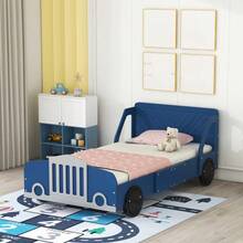 Striking Car-Shaped Design: This Twin-Size Bed Features A Captivating Car Shape, Available In Three Vivid Colors, Making It The Perfect Centerpiece For Any Child's Bedroom.  Superior Quality Construction: Made From Good-Quality Plywood And MDF, This Bed Is Built To Last, Providing Sturdy Slats That Support Daily Use And Withstand Wear And Tear.  Enhanced Safety Features: Designed With Protective Side Rails Next To The Headboard, This Bed Ensures A Secure Sleeping Experience, Preventing Accidental Falls For Added Peace Of Mind.  Comfort Meets Functionality: Blending Style And Practicality, This Bed Offers A Comfortable Sleeping Surface While Enhancing The Overall Aesthetic Of Your Child's Space.  Convenient Size And Easy Assembly: With Dimensions Of 77.2" X 40.9" X 29.9" (L X W X H), This Bed Is Easy To Assemble With Included Instructions. Note That The Mattress Is Not Included. - Màu xanh lam - Xem 5