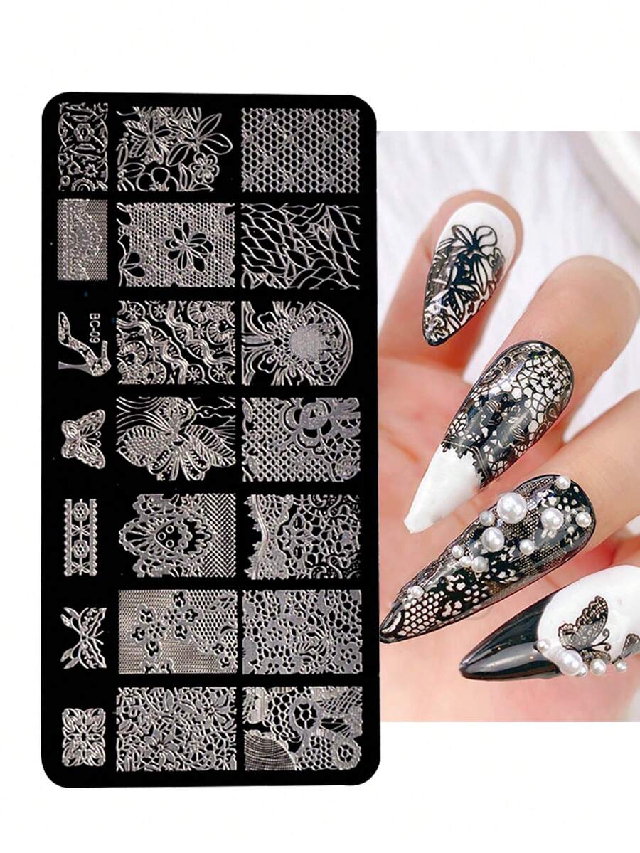1 pieza Plancha de impresión para arte de uñas, con patrón simétrico de flores, hojas, mariposas, coronas, corazones y diseños de pareja en lámina dorada, plantilla de impresión DIY para arte de uñas, adecuada para mujeres y salones de uñas - Azul - Ver 1