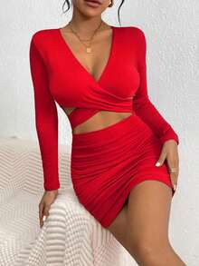 1 件女士性感镂空褶皱紧身迷你连衣裙长袖，适合欧美夜店派对，秋冬季