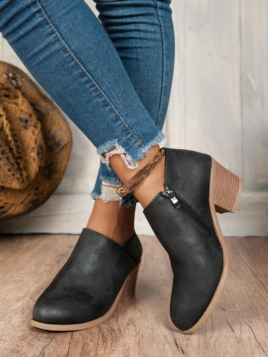 Giày bốt cổ ngắn và bốt cổ cao gót Chunky thời trang nữ, giày bốt Chelsea gót Chunky, giày bốt mô tô, giày bốt đi xe đạp, giày bốt mùa đông, giày bốt nữ, giày cao gót màu đen, quần nỉ bó