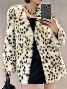 Leopard Print Fluffy V-Neck Long Sleeve Coat, Winter - Beige - View 1