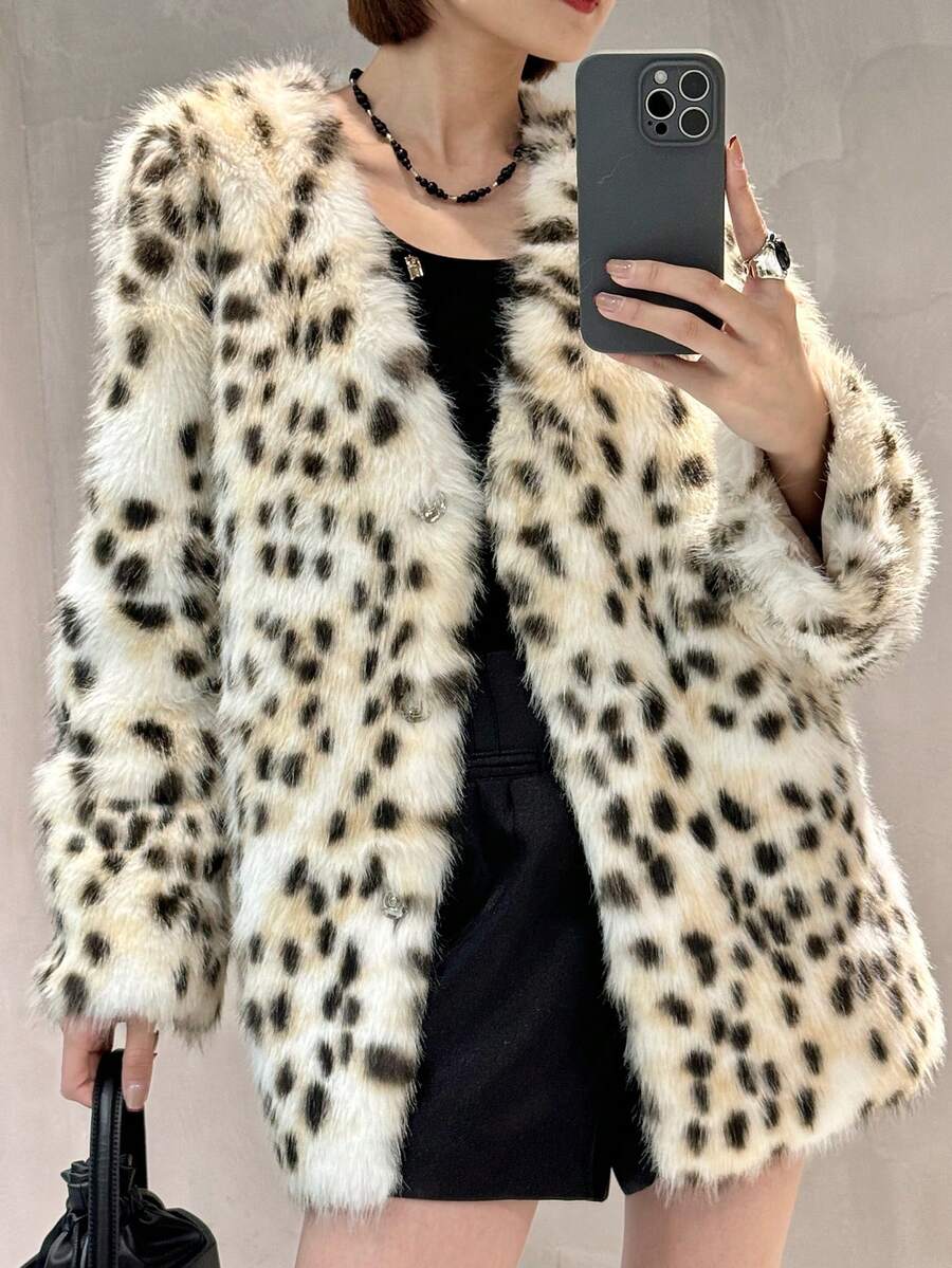 Leopard Print Fluffy V-Neck Long Sleeve Coat, Winter - Beige - View 1