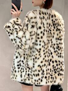 Leopard Print Fluffy V-Neck Long Sleeve Coat, Winter - Beige - View 2
