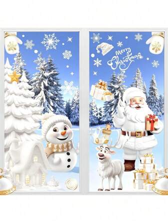 9 Sheets/190 PCS Christmas Window Cling Decorations, Xmas Decor Set, PVC Festive Reindeer, Snowman & Santa, Snowflakes Stickers For Home Office Classroom, Electricity-Free Holiday Decals,Christmas