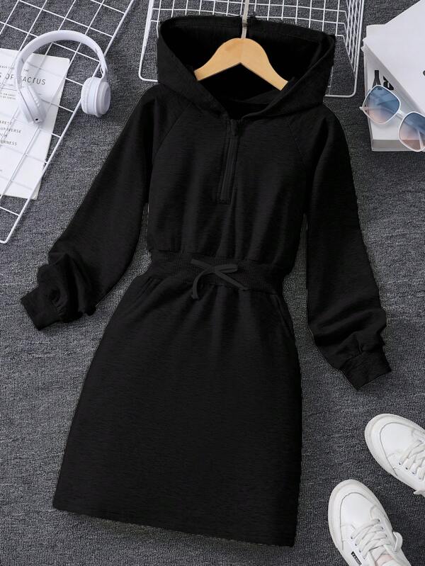 Casual Hooded Sweatshirt Dress With Zipper Collar & Pockets For Tween Girl, Versatile