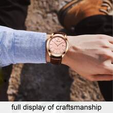 1 件男士商务腕表，皮革表带，双针半日历防水石英表，石英机芯手表 - 彩色 - 查看 6