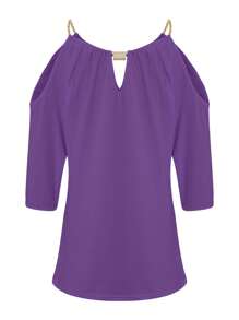 Womens Casual Half Sleeve T-shirt Fashion Solid Color Off-shoulder V-neck Pullover Tops - Morado - Ver 3