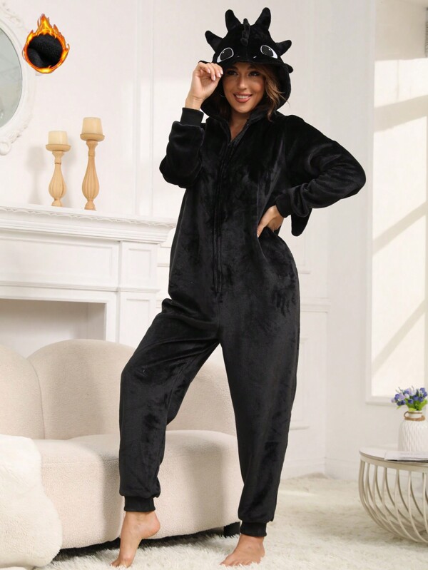 Christmas Dragon Fluffy For Adults, Unisex Animal Cosplay Fleece-Lined Jumpsuit Sleepwear For Fall Winter, Funny Christmas Party Costume, Matching Fluffy Couple Style