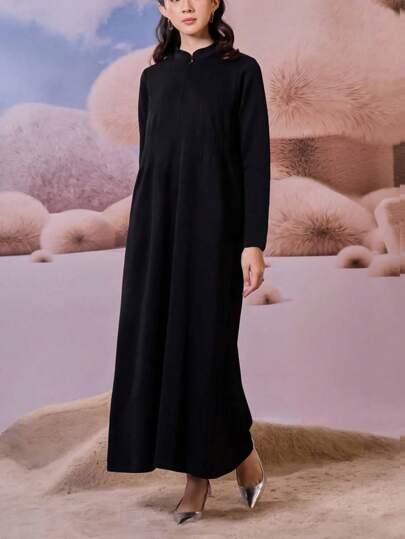 Malay Clothing Baju Kurung Women Modest Solid Color Stand Collar Long Sleeve Dress With Pockets, Suitable For Daily And Casual