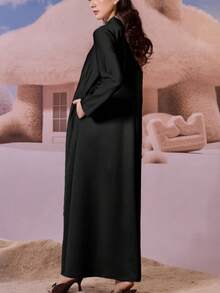 Malay Clothing Baju Kurung 女士朴素纯色立领长袖连衣裙带口袋，适合日常休闲 - 黑色 - 查看 3