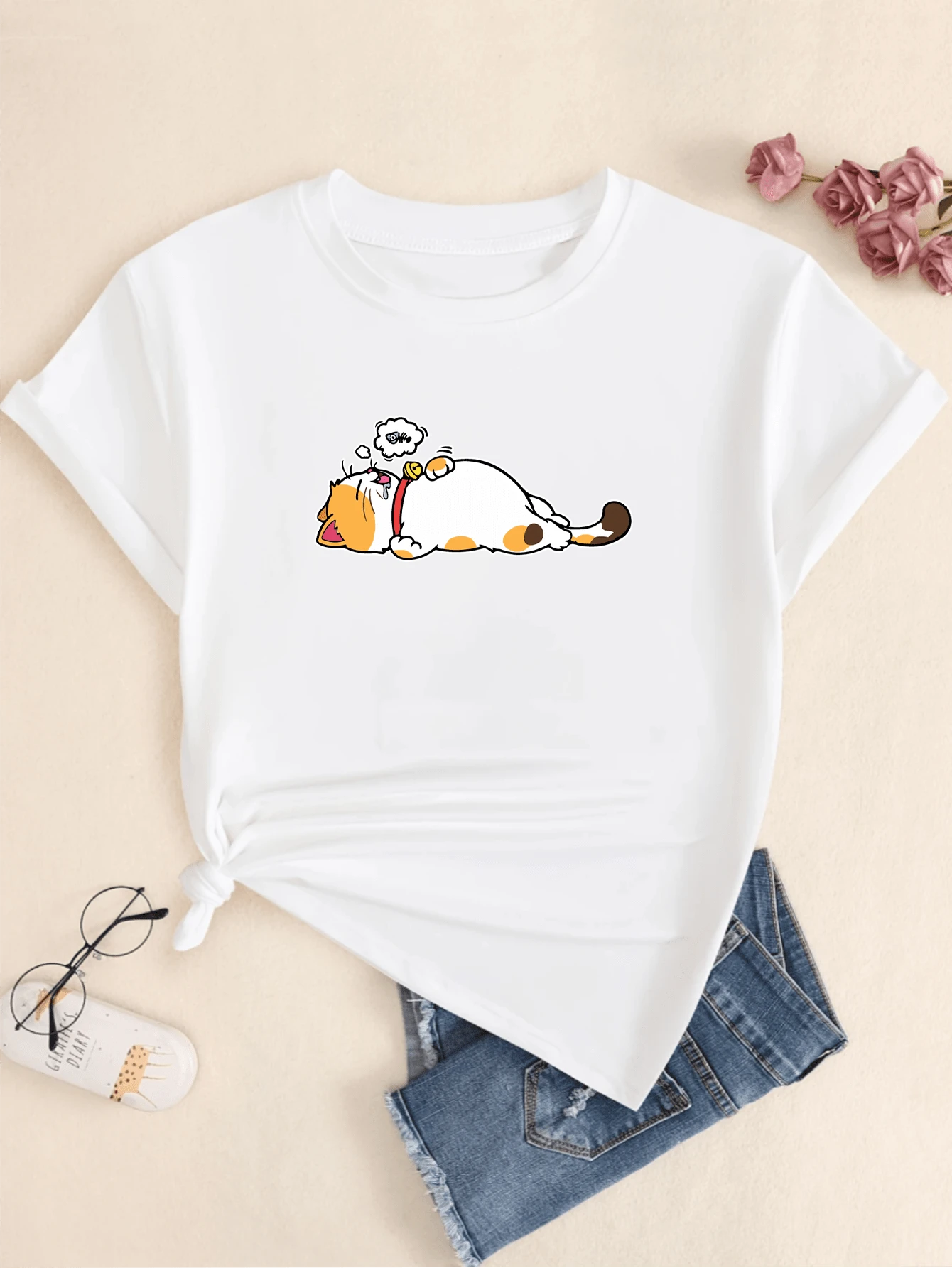 Kitten T-Shirt With Full Belly Women's Print Premium Casual Comfort Short T-Shirt - trắng - Xem 1