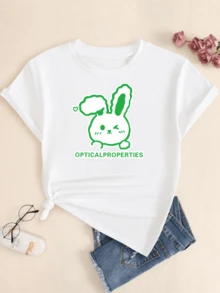 Opticalproperties Cute Rabbit T-Shirt Printed Women's Fashion Short Sleeve Comfort - 白色 - 查看 1