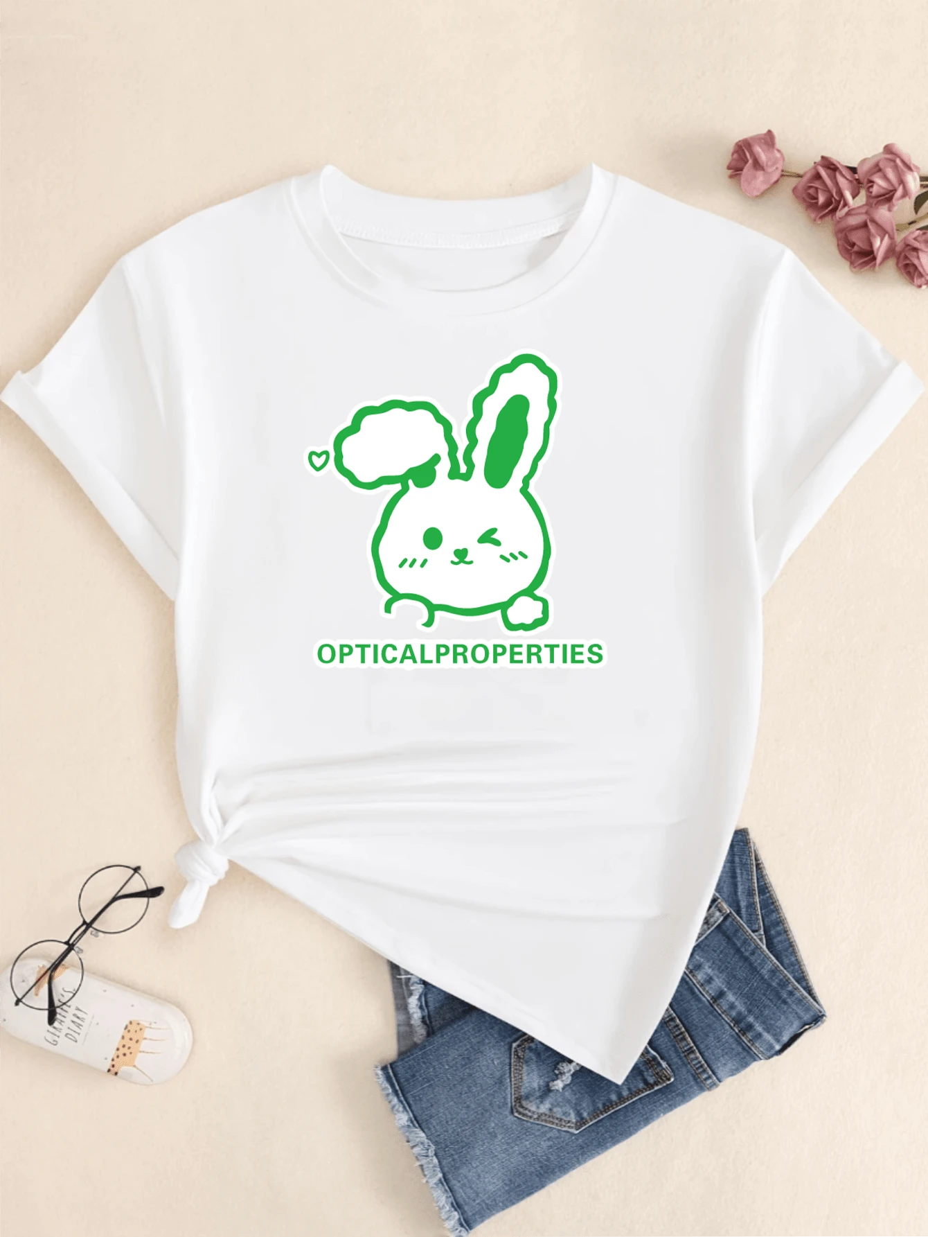 Opticalproperties Cute Rabbit T-Shirt Printed Women's Fashion Short Sleeve Comfort - 白色 - 查看 1