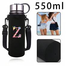 1pc Pink Floral & Letter Print Insulated Water Bottle Sleeve, Fits 550ml/750ml/1000ml/1500ml Bottles, Made Of Waterproof Nylon With Adjustable Strap, Suitable For Hiking, Camping, Sports - Black - View 40
