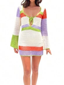 Vestido playero de manga larga con cuello alto y parches de color para mujer, protector solar, corte midi - Blanco - Ver 3