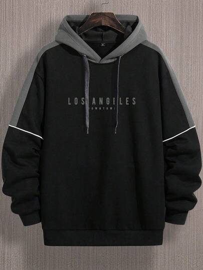 男士美式撞色字母印花连帽衫，秋季款，长袖上衣