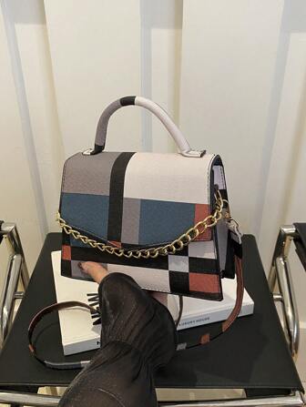 新款格子手提包，撞色时尚单肩手提包，带随机印花，适合女士