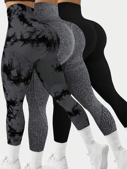 paquete de 3 pantalones de yoga de cintura alta sin costuras para mujeres, con absorción de humedad, levantamiento de glúteos, para uso diario y entrenamiento, mallas con diseño de teñido anudado