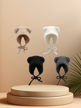 1pc Plush Cute Bear Knitted Hoodie For Young Women, Casual Cartoon Bear Street Style Ear Protection Winter Cap, Suitable For Outdoor Activities & Party