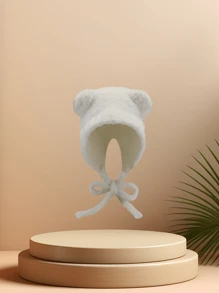 1 件毛绒可爱熊针织连帽衫，适合年轻女性，休闲卡通熊街头风格护耳冬帽，适合户外活动和派对