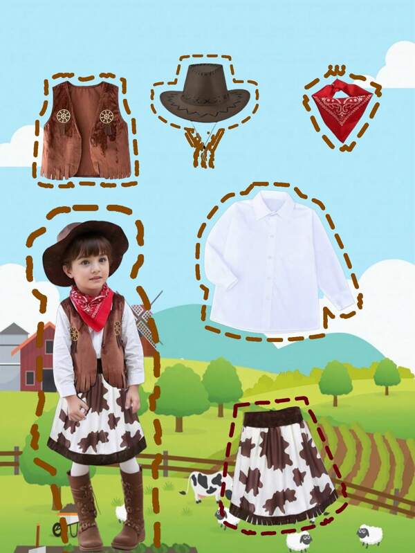 Dziecięcy kostium kowbojki kowbojki 6 sztuk zestaw z kapeluszem dla chłopców dziewcząt odgrywanie ról przebieranie się urodziny boże narodzenie impreza tematyczna