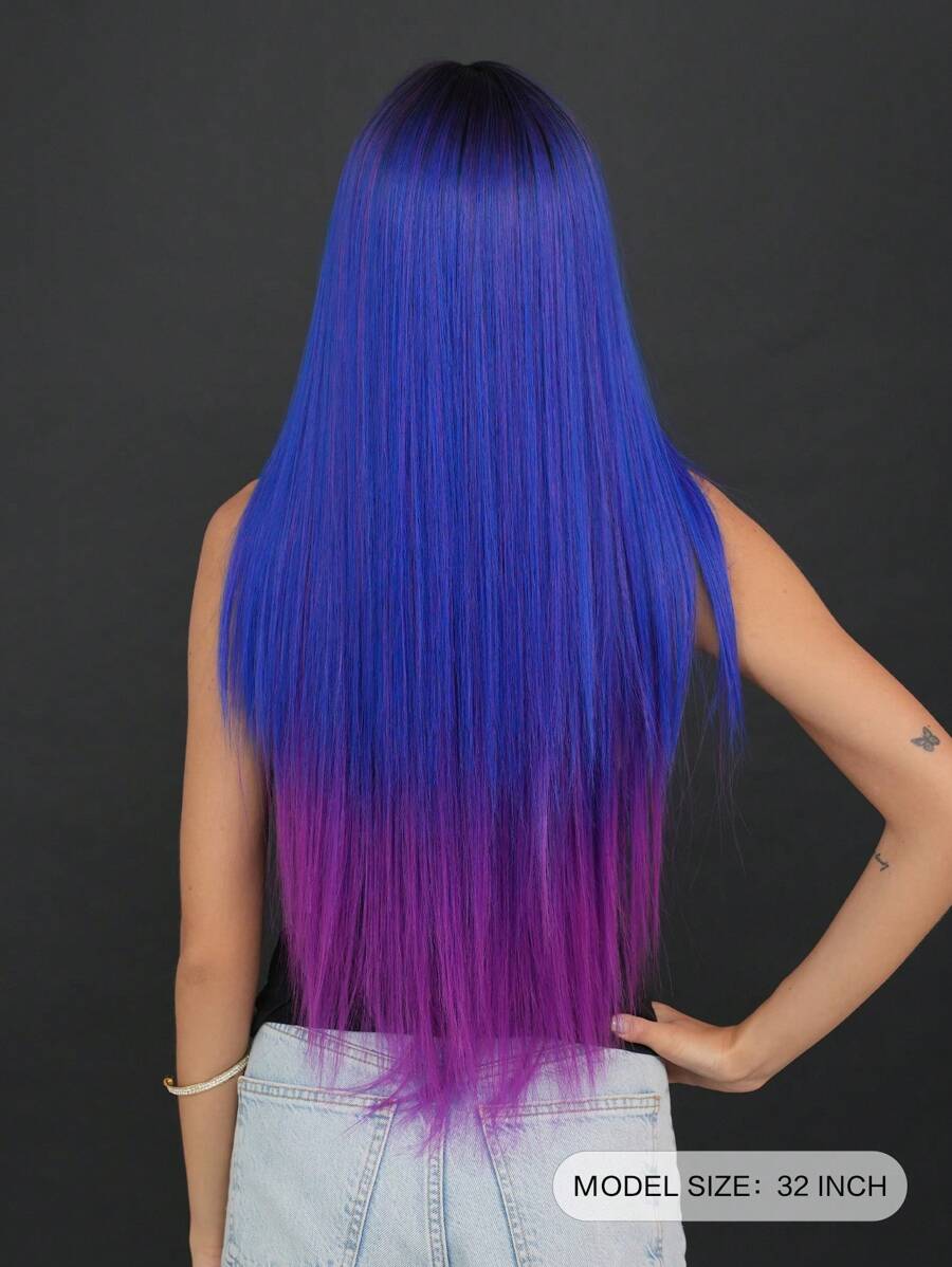 7JHH WIGS Ombre Blue Purple Wig For Women Extra Long Straight Wig Middle Part Synthetic Heat Resistant Hair Costume Halloween Wigs For Daily Party Use 32 Inch - 漸層紫 - 查看 1