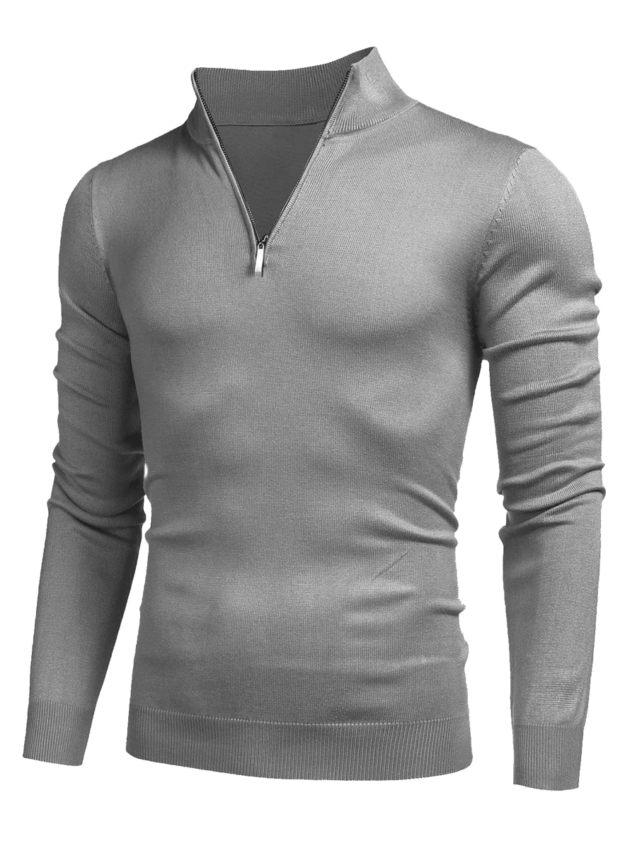 Men's Casual Solid Color Half Zip Knitted Sweater For Autumn/Winter - Light Grey - View 1