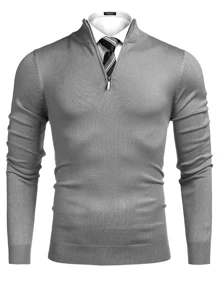 Men's Casual Solid Color Half Zip Knitted Sweater For Autumn/Winter - Light Grey - View 3