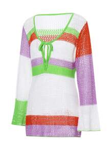 Vestido playero de manga larga con cuello alto y parches de color para mujer, protector solar, corte midi - Blanco - Ver 9