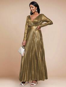 Plunge Neck Pleated Hem Metallic Dress - Gold - View 4