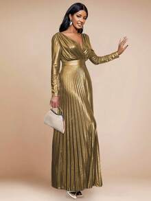 Plunge Neck Pleated Hem Metallic Dress - Gold - View 6