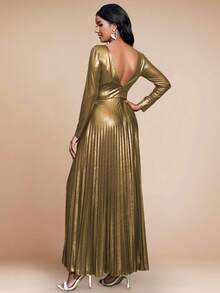 Plunge Neck Pleated Hem Metallic Dress - Gold - View 2