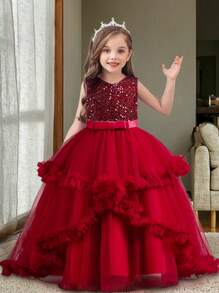 Tween Girl Sequin Multi-Layer Tulle Dress, Party & Wedding Pageant Princess Gown, All Season - Burgundy - View 2