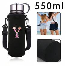 1pc Pink Floral & Letter Print Insulated Water Bottle Sleeve, Fits 550ml/750ml/1000ml/1500ml Bottles, Made Of Waterproof Nylon With Adjustable Strap, Suitable For Hiking, Camping, Sports - Black - View 18