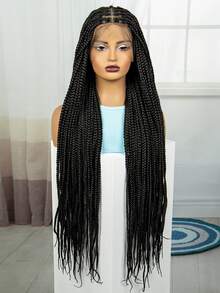 无结编织假发全蕾丝前盒状辫子蕾丝前假发女士混合黑色手工全双蕾丝辫子假发带婴儿头发 - 黑色 - 查看 5