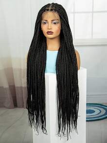 无结编织假发全蕾丝前盒状辫子蕾丝前假发女士混合黑色手工全双蕾丝辫子假发带婴儿头发 - 黑色 - 查看 6