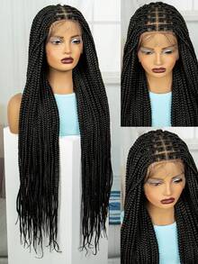 无结编织假发全蕾丝前盒状辫子蕾丝前假发女士混合黑色手工全双蕾丝辫子假发带婴儿头发 - 黑色 - 查看 4