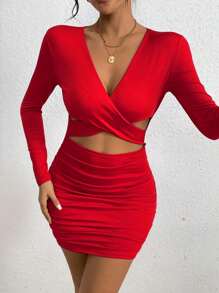 1 件女士性感镂空褶皱紧身迷你连衣裙长袖，适合欧美夜店派对，秋冬季