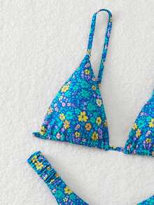 PEPPERMOLLY 全新软杯可调节肩带印花露背性感比基尼，女士夏季海滩时尚泳装套装 - 藍色 - 查看 4