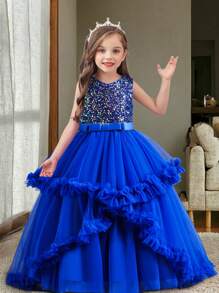 Tween Girl Sequin Layered Tulle Dress Formal Wedding Party Princess Gown, Four Seasons - Blue - View 2